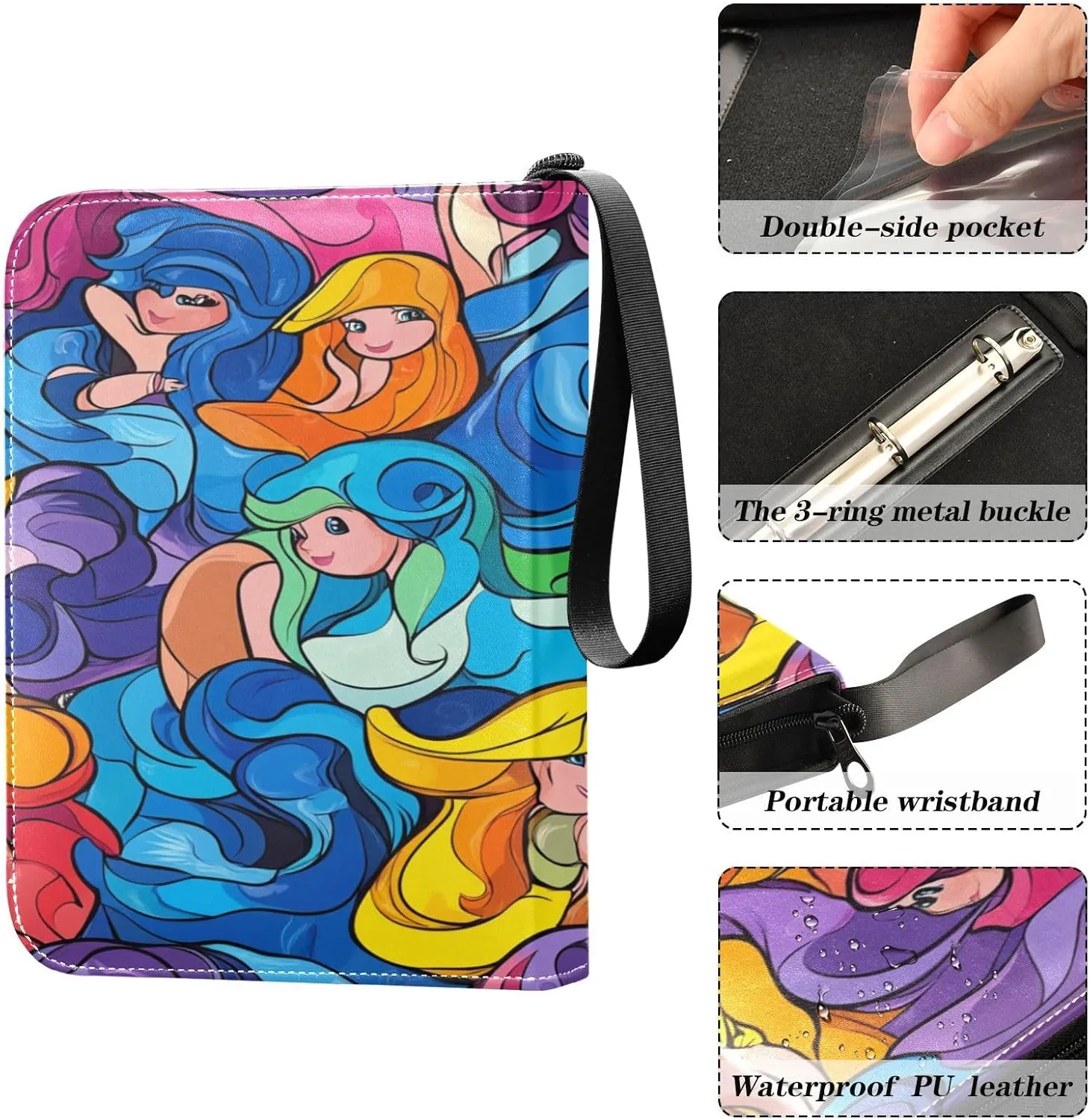 Trading Card Storage Binder PU Leather Card Holder with Zipper 400 Slots Collector Album Waterproof Card Organizer Colorful Mermaid01