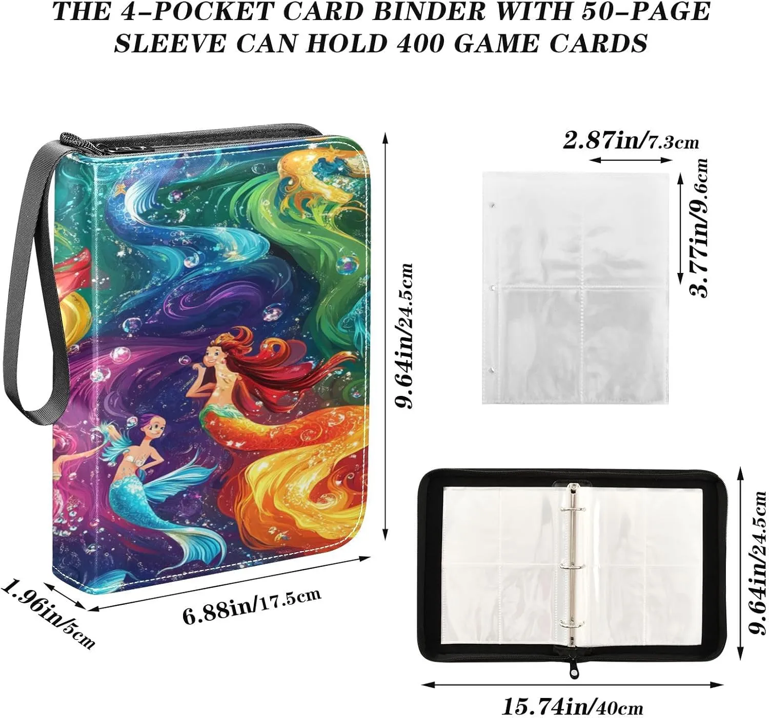 Trading Card Storage Binder PU Leather Card Holder with Zipper 400 Slots Collector Album Waterproof Card Organizer Colorful Mermaid