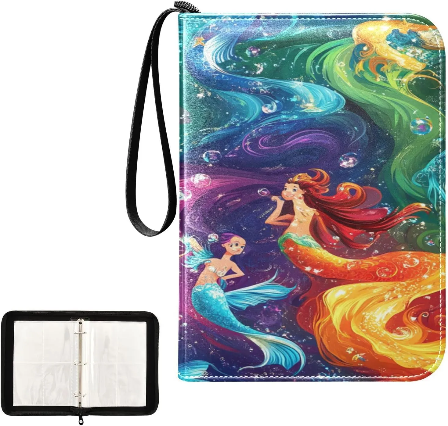 Trading Card Storage Binder PU Leather Card Holder with Zipper 400 Slots Collector Album Waterproof Card Organizer Colorful Mermaid