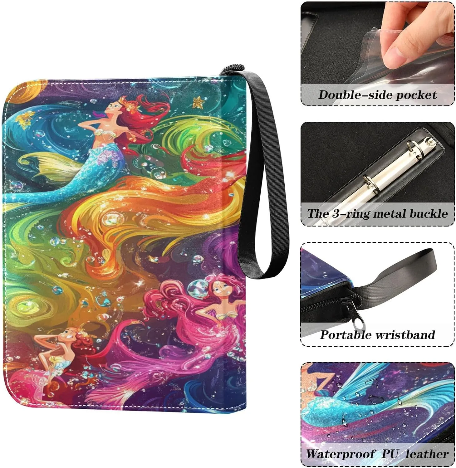 Trading Card Storage Binder PU Leather Card Holder with Zipper 400 Slots Collector Album Waterproof Card Organizer Colorful Mermaid