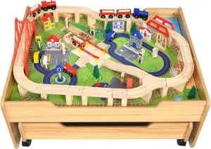 Train Table, Kids Play Table w/100 Multicolor Pieces, Storage Drawer, Train Set for Toddler w/Tracks, Trains, Cars, Gift for Boys and Girls Ages 3  Years