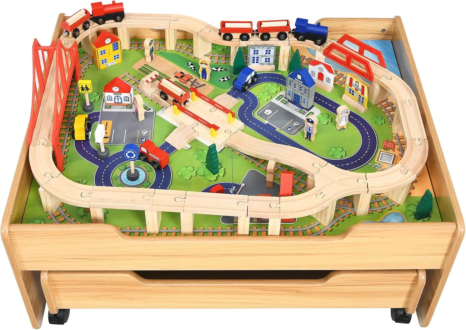 Train Table, Kids Play Table w/100 Multicolor Pieces, Storage Drawer, Train Set for Toddler w/Tracks, Trains, Cars, Gift for Boys and Girls Ages 3  Years