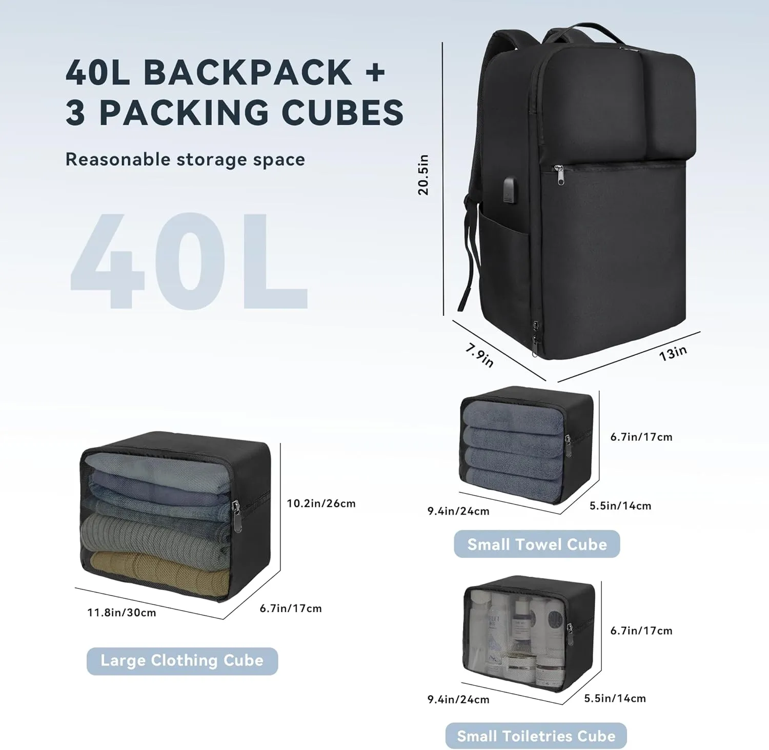 Travel Backpack, 40L Carry on Travel Backpack Flight Approved, Personal Item Travel Bag with USB Charging Port and Shoe Pouch, Casual Daypack for Weekender Business and Hiking