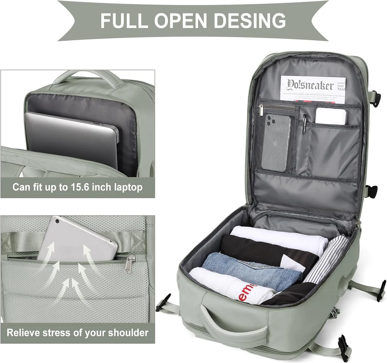 Travel Backpack For Women Men Airline Approved,Carry On Backpack,Large Hiking Backpack Waterproof Outdoor Sports Rucksack Casual Daypack Fit 15.6 Inch Laptop Backpack College Backpack(Grass green)