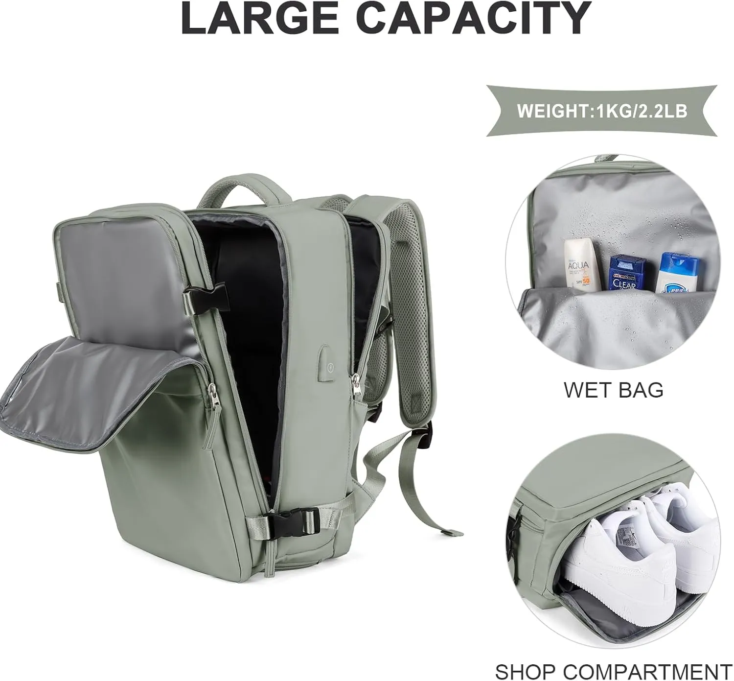 Travel Backpack For Women Men Airline Approved,Carry On Backpack,Large Hiking Backpack Waterproof Outdoor Sports Rucksack Casual Daypack Fit 15.6 Inch Laptop Backpack College Backpack(Grass green)