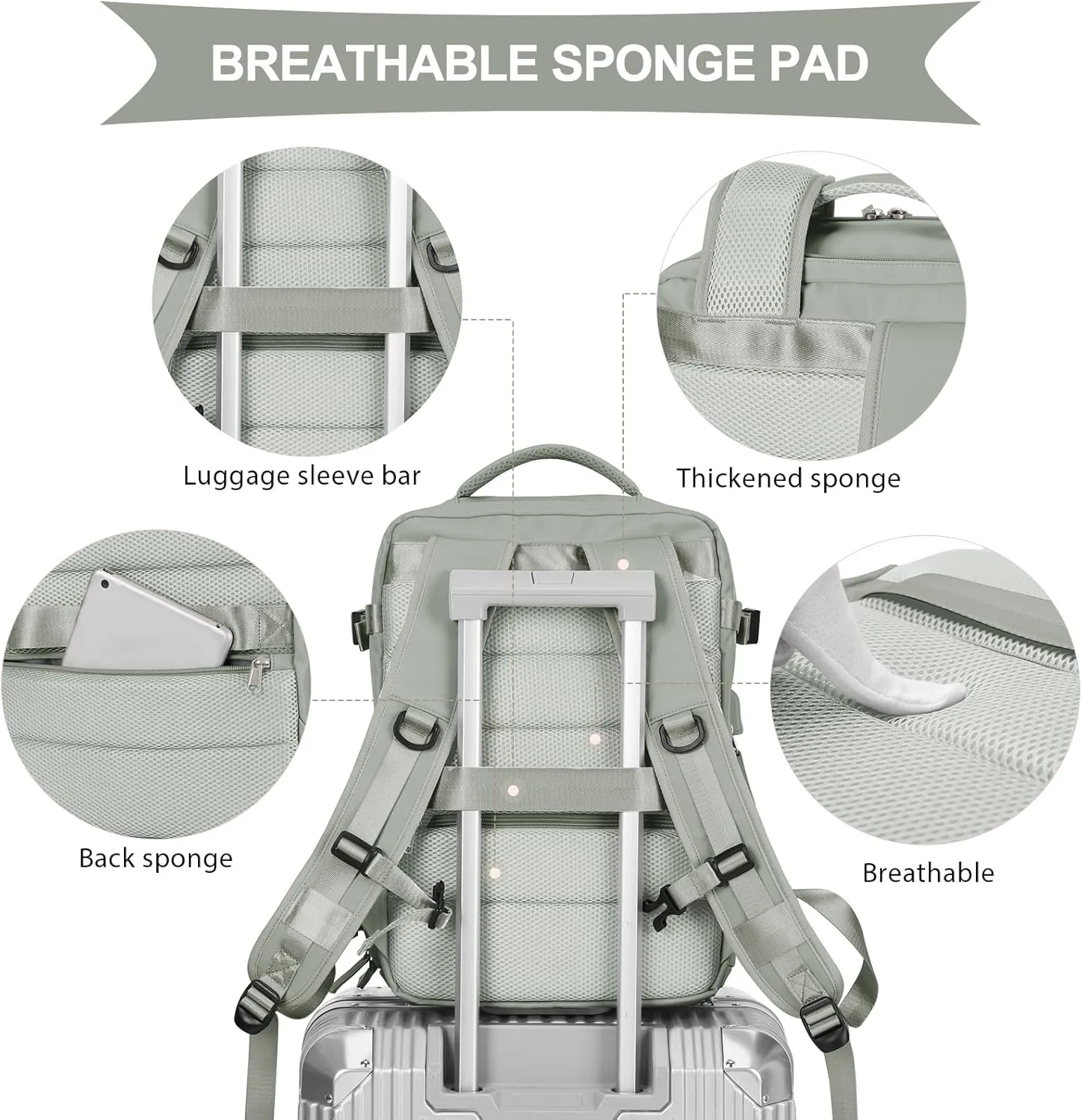 Travel Backpack For Women Men Airline Approved,Carry On Backpack,Large Hiking Backpack Waterproof Outdoor Sports Rucksack Casual Daypack Fit 15.6 Inch Laptop Backpack College Backpack(Grass green)