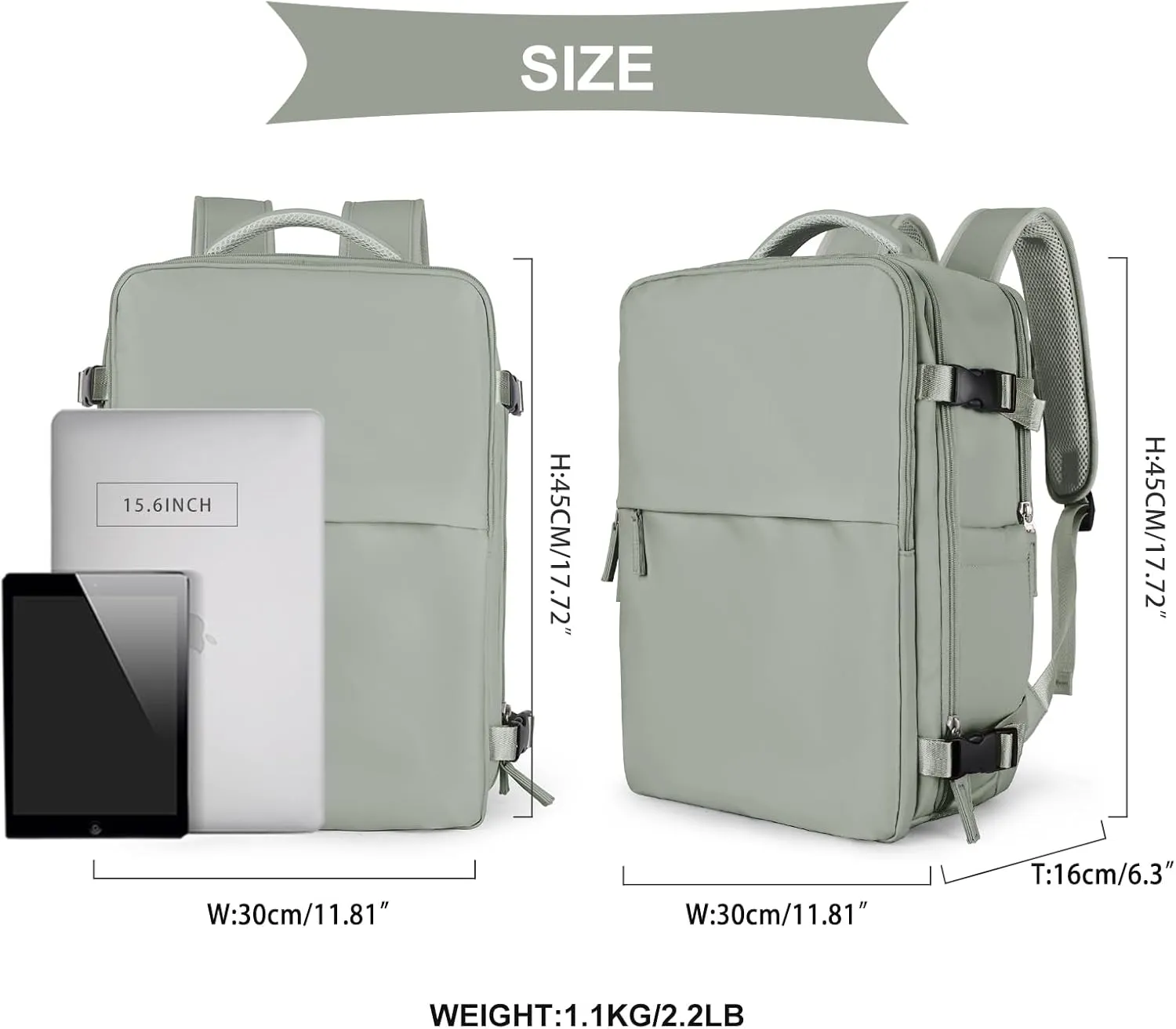 Travel Backpack For Women Men Airline Approved,Carry On Backpack,Large Hiking Backpack Waterproof Outdoor Sports Rucksack Casual Daypack Fit 15.6 Inch Laptop Backpack College Backpack(Grass green)