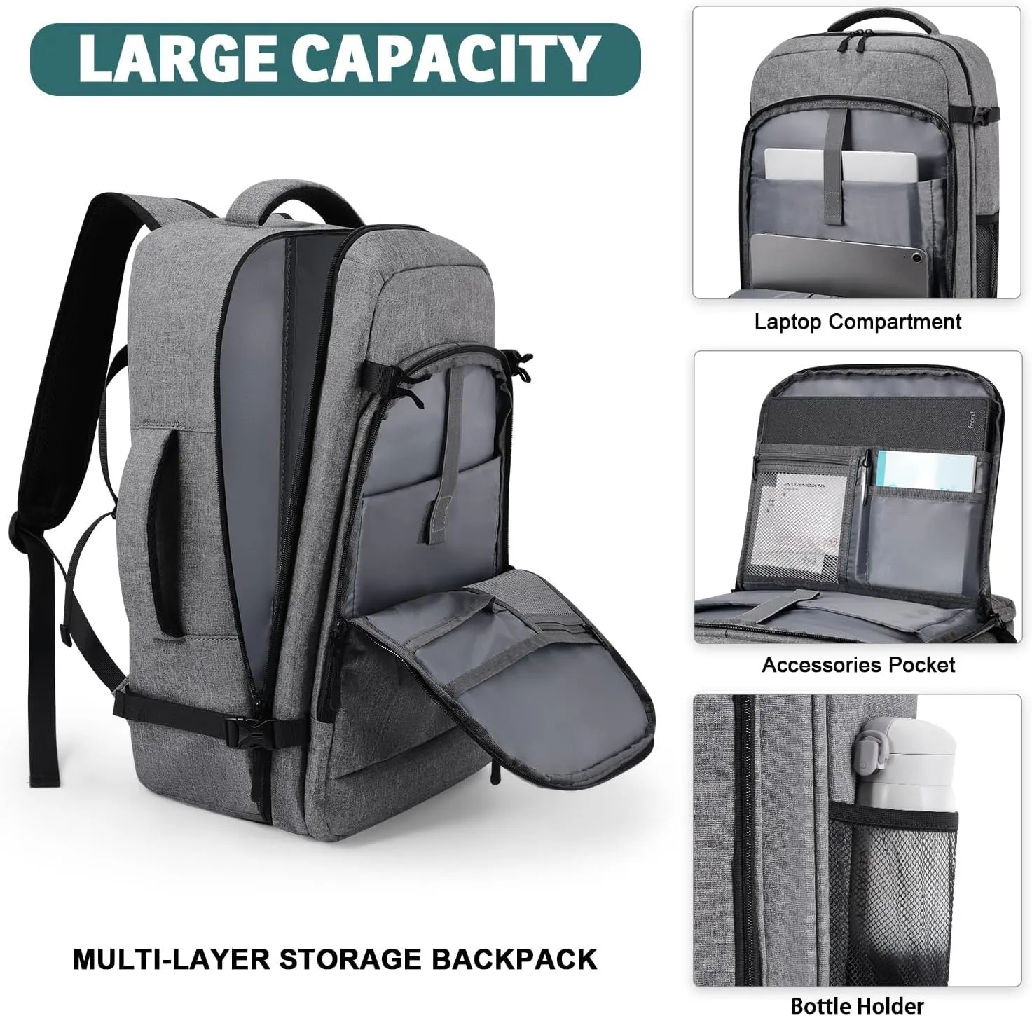 Travel Backpack for Women/Men,Waterproof Carry On Back pack with Laptop Compartment,Travel Essentials Backpack for Traveling,Business Hiking,Casual,Gym(Grey)