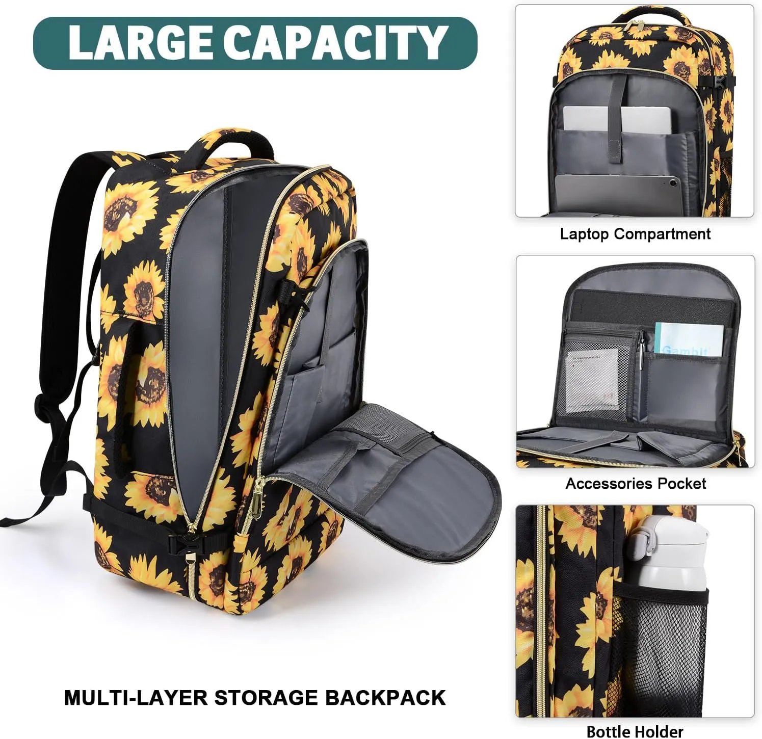 Travel Backpack for Women/Men,Waterproof Carry On Back pack with Laptop Compartment,Travel Essentials Backpack for Traveling,Business Hiking,Casual,Gym(Sunflower)