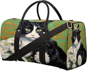 Travel Duffel Bag Black Cat White Flowers Waterproof Sport Gym Bag Foldable Travel Bag Overnight Bag Weekender Bag Handbag Sports Duffle Bags for Women Men Boys Girls