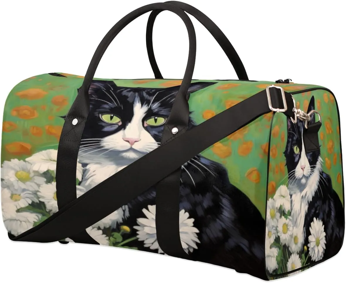 Travel Duffel Bag Black Cat White Flowers Waterproof Sport Gym Bag Foldable Travel Bag Overnight Bag Weekender Bag Handbag Sports Duffle Bags for Women Men Boys Girls