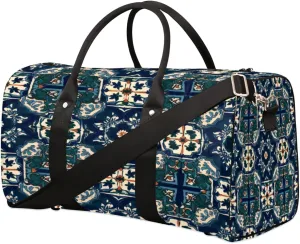 Travel Duffel Bag Retro Portugeuse Tiles Pattern Waterproof Sport Gym Bag Foldable Travel Bag Overnight Bag Weekender Bag Handbag Sports Duffle Bags for Women Men Boys Girls