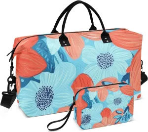 Travel Duffel Bags Travel Weekender Gear Bag Sports Gym Bag with Toiletry Bag for Travel Large Capacity Flowers Turquoise and Coral
