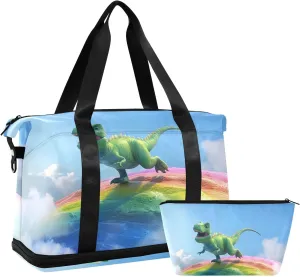 Travel Duffel Gym Sports Luggage Bag Expandable Large Capacity Dinosaur Rainbow Sports Bag for Women and Men