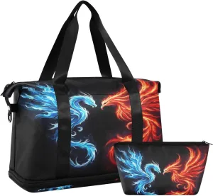 Travel Duffel Gym Sports Luggage Bag Expandable Large Capacity Dragon and Phoenix Sports Bag for Women and Men
