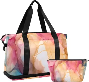 Travel Duffel Gym Sports Luggage Bag Expandable Large Capacity Pink Marble Orange Sports Bag for Women and Men
