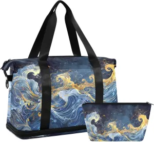 Travel Duffel Gym Sports Luggage Bag Expandable Large Capacity Wave Art Painting Sports Bag for Women and Men
