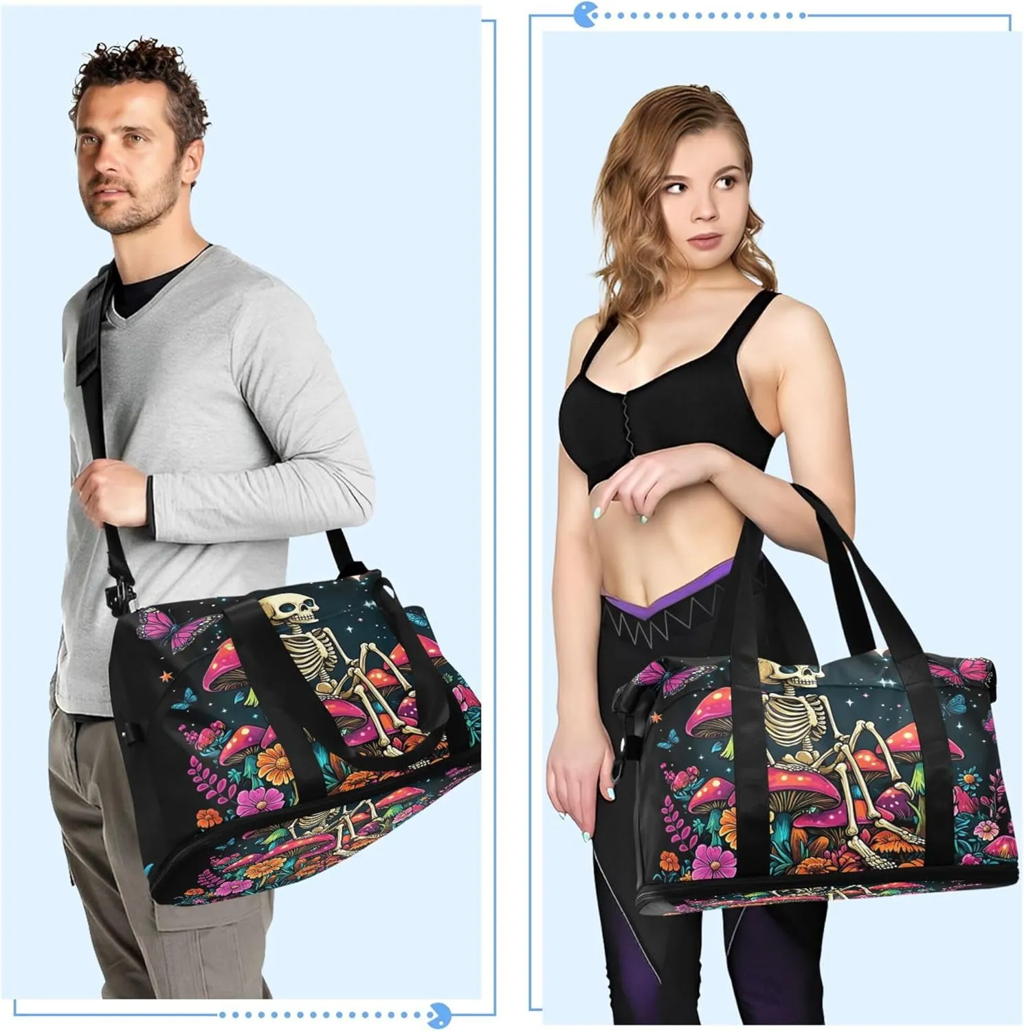 Travel Duffel Tote Bag Skeleton Sitting on Mushrooms with Butterflies Sports Duffel Bag with Wet Pocket Weekender Overnight Bag for Women Men Gym Bag, Carry On Bag Hospital Bag for Labor and Delivery