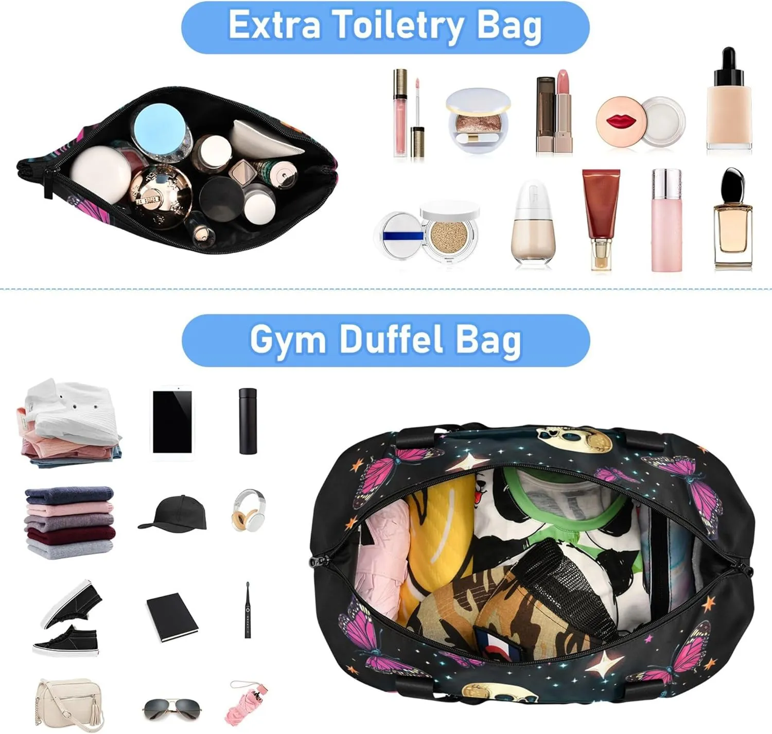 Travel Duffel Tote Bag Skeleton Sitting on Mushrooms with Butterflies Sports Duffel Bag with Wet Pocket Weekender Overnight Bag for Women Men Gym Bag, Carry On Bag Hospital Bag for Labor and Delivery