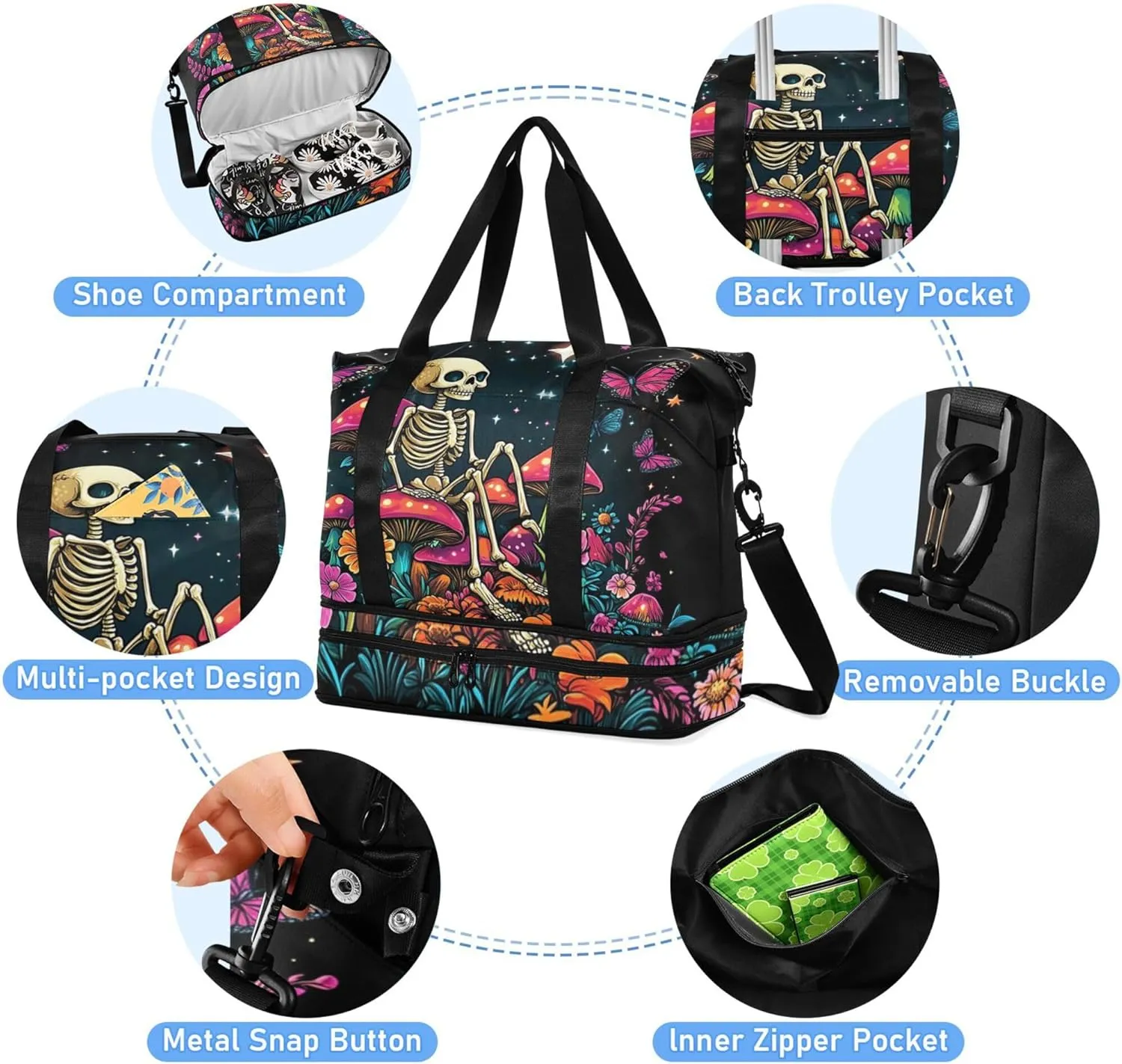 Travel Duffel Tote Bag Skeleton Sitting on Mushrooms with Butterflies Sports Duffel Bag with Wet Pocket Weekender Overnight Bag for Women Men Gym Bag, Carry On Bag Hospital Bag for Labor and Delivery