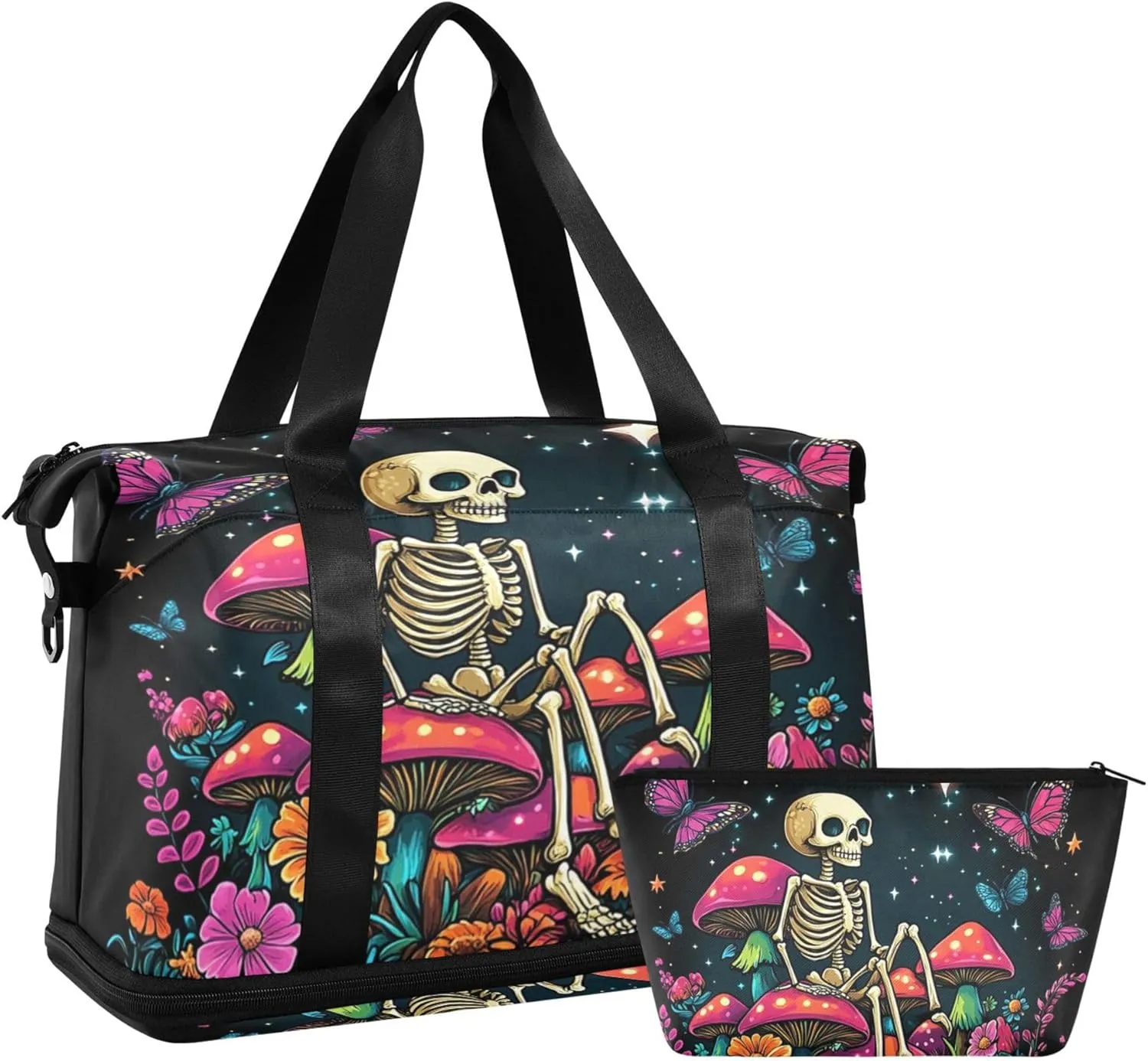 Travel Duffel Tote Bag Skeleton Sitting on Mushrooms with Butterflies Sports Duffel Bag with Wet Pocket Weekender Overnight Bag for Women Men Gym Bag, Carry On Bag Hospital Bag for Labor and Delivery