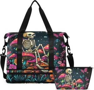 Travel Duffel Tote Bag Skeleton Sitting on Mushrooms with Butterflies Sports Duffel Bag with Wet Pocket Weekender Overnight Bag for Women Men Gym Bag, Carry On Bag Hospital Bag for Labor and Delivery