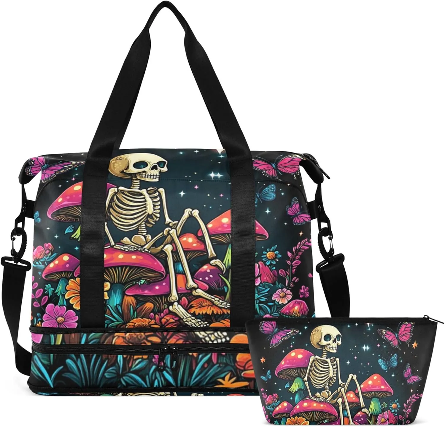 Travel Duffel Tote Bag Skeleton Sitting on Mushrooms with Butterflies Sports Duffel Bag with Wet Pocket Weekender Overnight Bag for Women Men Gym Bag, Carry On Bag Hospital Bag for Labor and Delivery