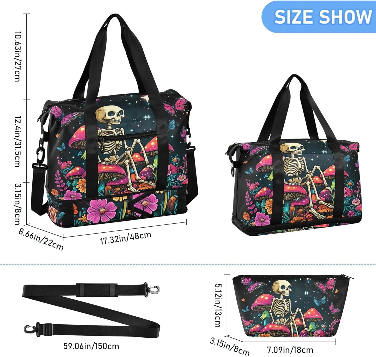 Travel Duffel Tote Bag Skeleton Sitting on Mushrooms with Butterflies Sports Duffel Bag with Wet Pocket Weekender Overnight Bag for Women Men Gym Bag, Carry On Bag Hospital Bag for Labor and Delivery