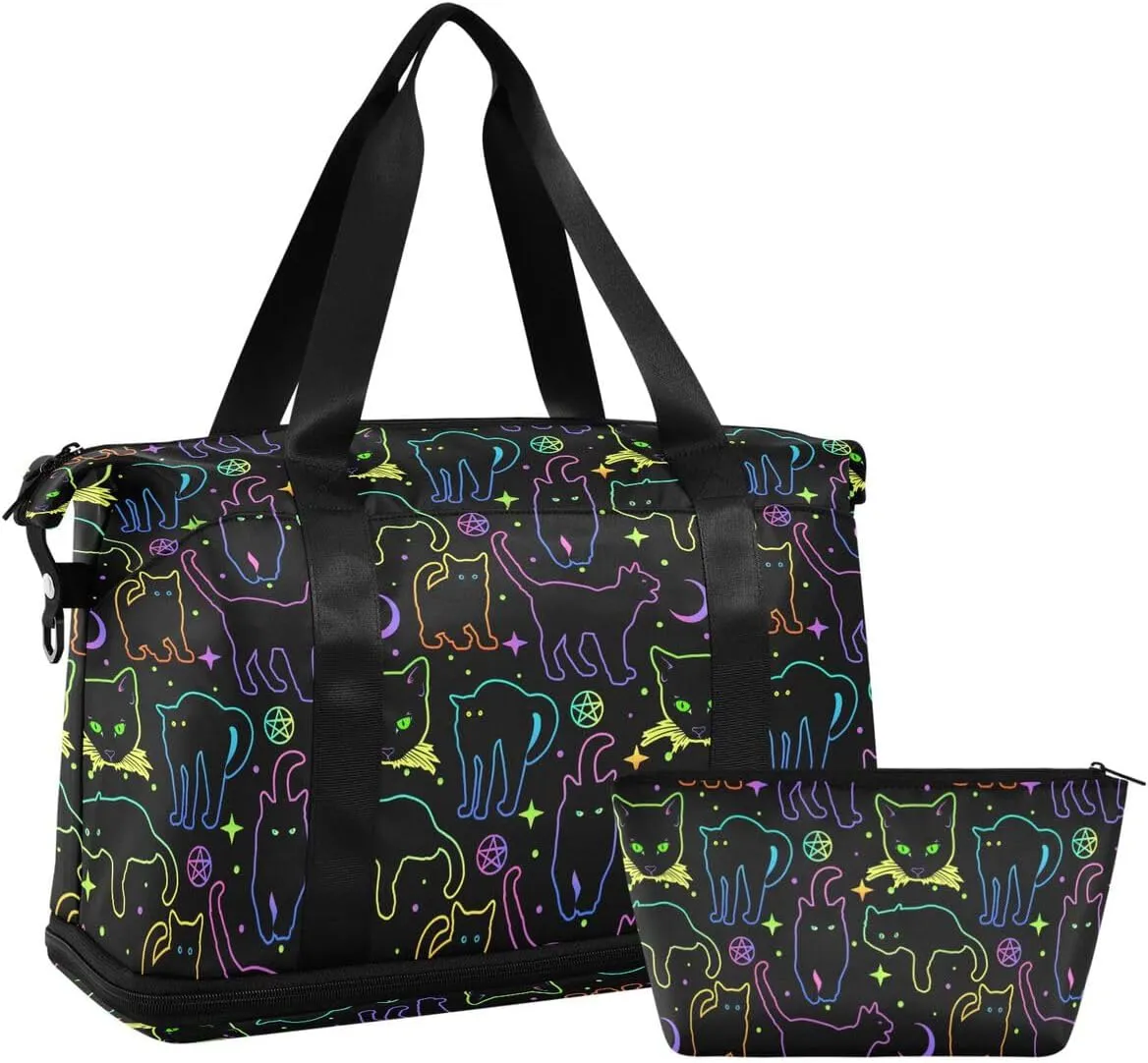 Travel Duffel Tote Bag Witchcraft Black Cats Sports Duffel Bag with Wet Pocket Weekender Overnight Bag for Women Men Gym Bag, Carry On Bag Hospital Bag for Labor and Delivery