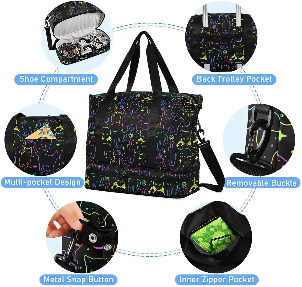Travel Duffel Tote Bag Witchcraft Black Cats Sports Duffel Bag with Wet Pocket Weekender Overnight Bag for Women Men Gym Bag, Carry On Bag Hospital Bag for Labor and Delivery
