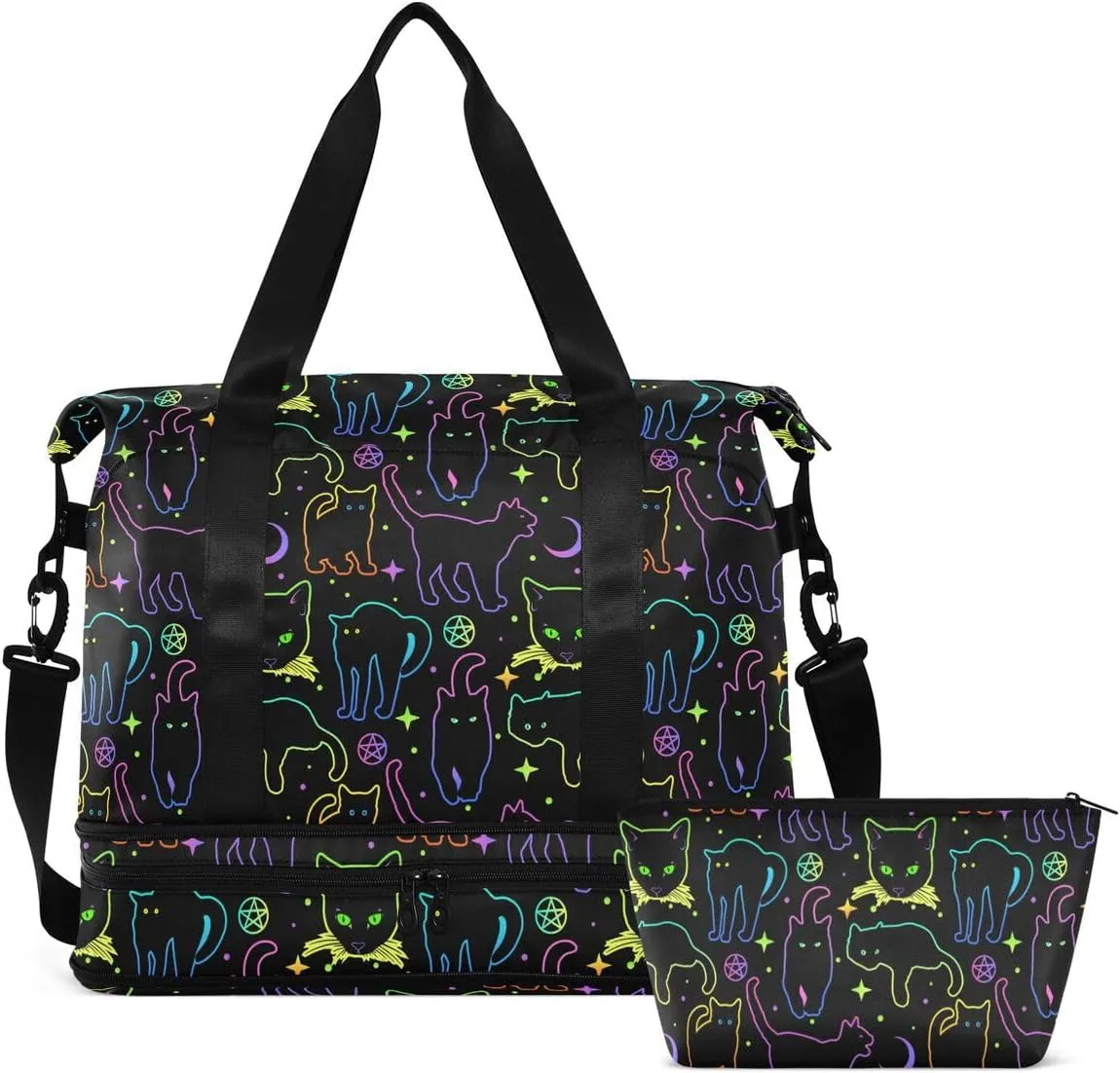 Travel Duffel Tote Bag Witchcraft Black Cats Sports Duffel Bag with Wet Pocket Weekender Overnight Bag for Women Men Gym Bag, Carry On Bag Hospital Bag for Labor and Delivery