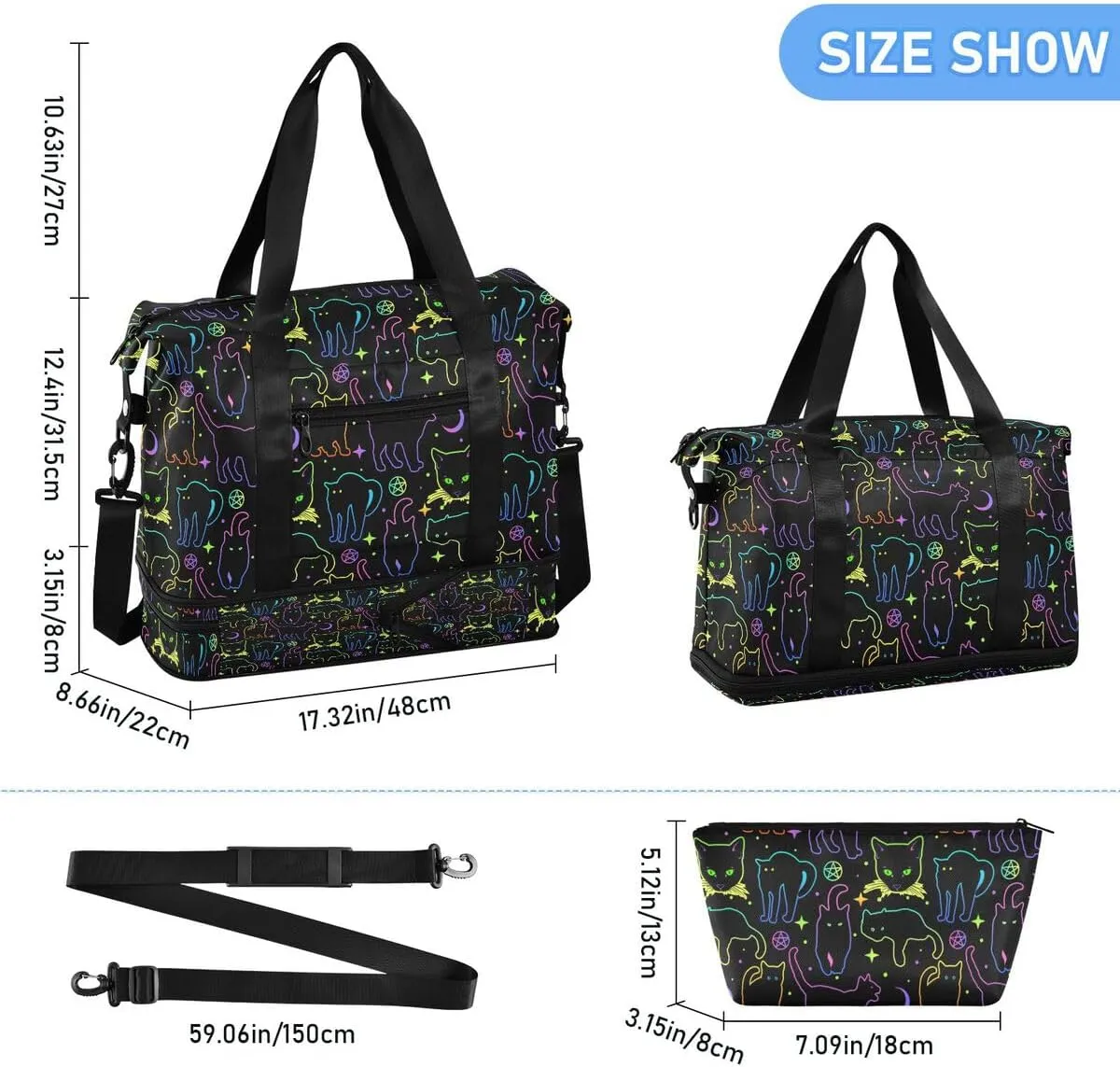 Travel Duffel Tote Bag Witchcraft Black Cats Sports Duffel Bag with Wet Pocket Weekender Overnight Bag for Women Men Gym Bag, Carry On Bag Hospital Bag for Labor and Delivery