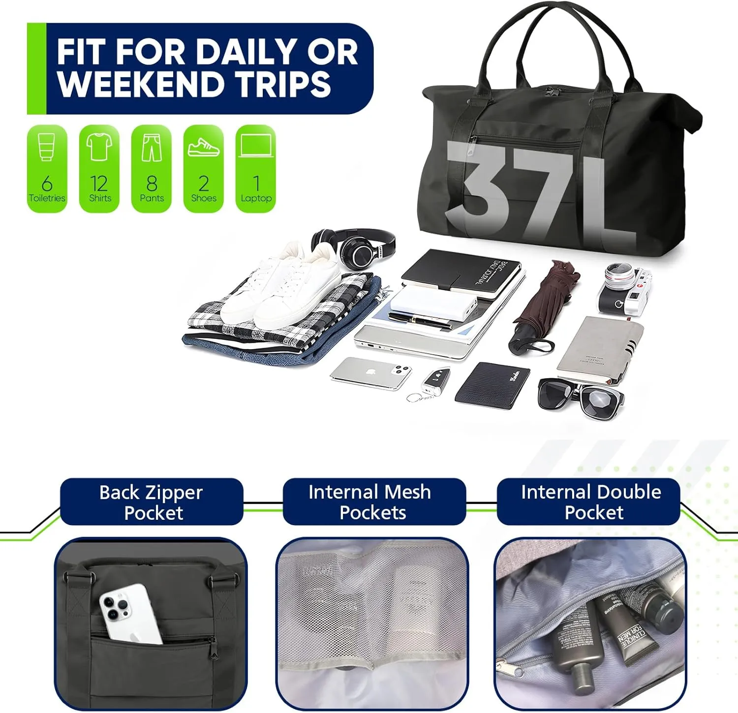 Travel Duffle Bag, Weekender Travel Bag Men Small Gym Bag for Women, Hospital Bag for Labor and Delivery, Overnight Bag Luggage Bag with Trolley Sleeve, Airplane Travel Essentials for Flying(Black)