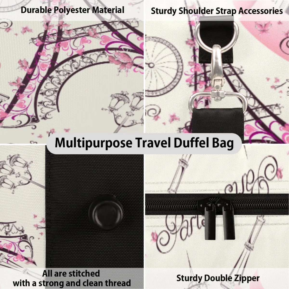 Travel Duffle Bag Women, Eiffel Tower Paris Gym Bag Sports Bag,France Lightweight Waterproof Foldable Overnight Bag, Carry on Shoulder Tote Bags for Hospital Maternity Mommy Gym