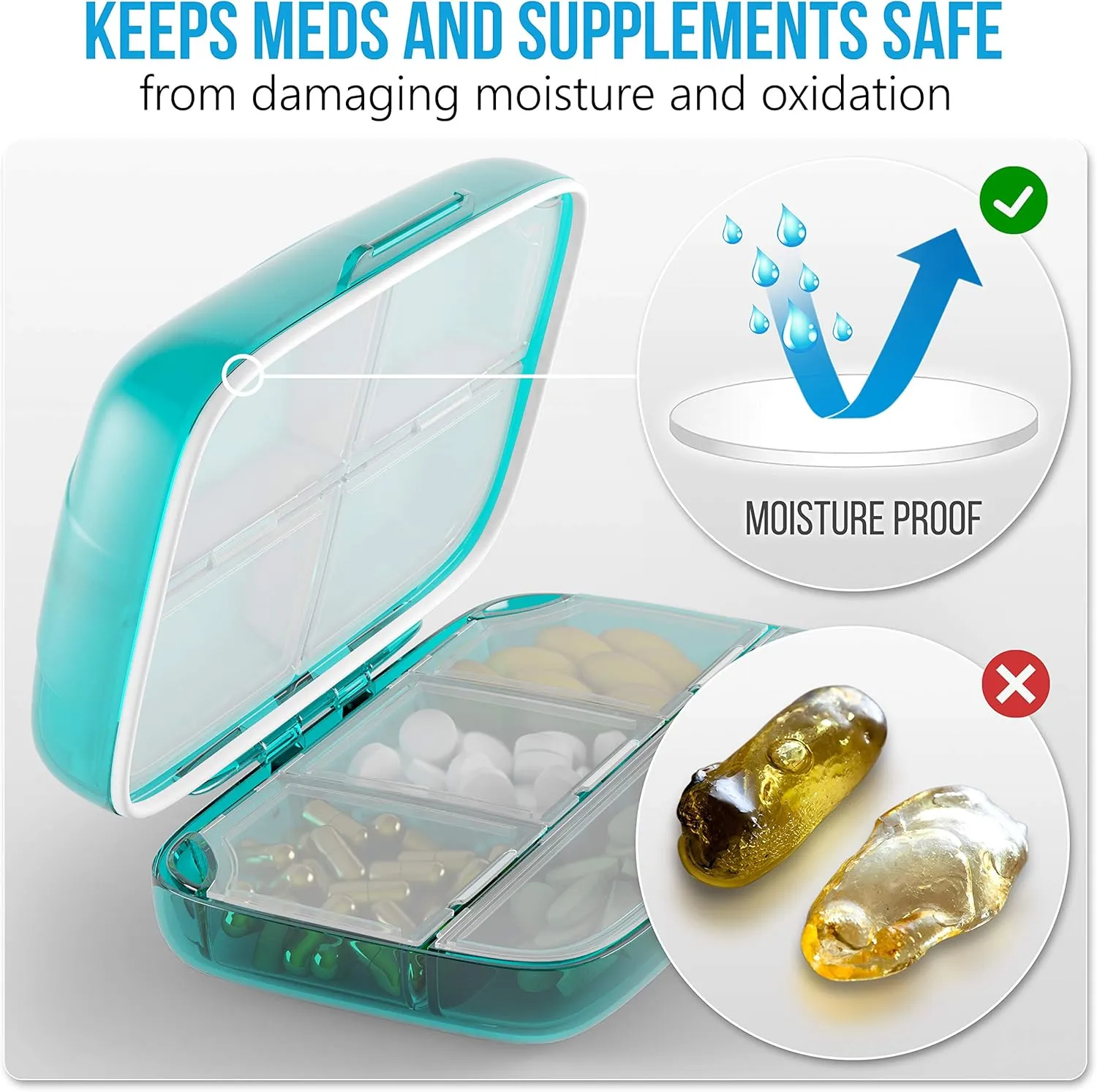 Travel Pill Organizer - Airtight Medicine Case for Traveling Portable Pharmacy Box with Labels Vitamin Container 8 Compartment Supplement Medication Holder Large Capacity Daily (Green)