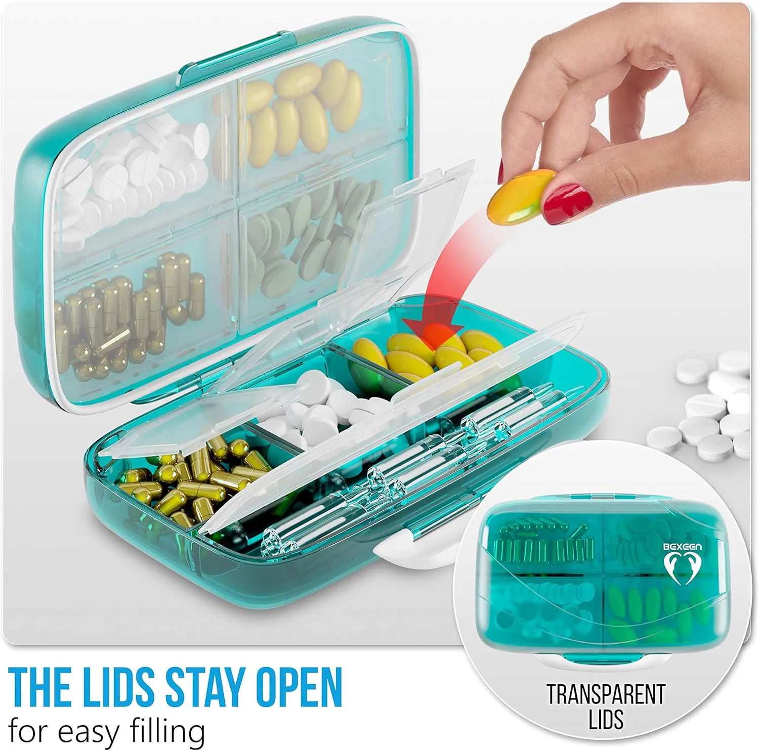 Travel Pill Organizer - Airtight Medicine Case for Traveling Portable Pharmacy Box with Labels Vitamin Container 8 Compartment Supplement Medication Holder Large Capacity Daily (Green)