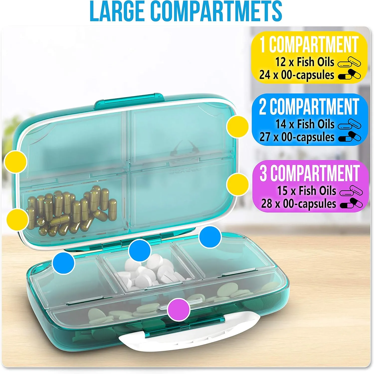 Travel Pill Organizer - Airtight Medicine Case for Traveling Portable Pharmacy Box with Labels Vitamin Container 8 Compartment Supplement Medication Holder Large Capacity Daily (Green)