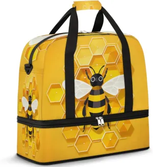 Travel Weekend Bag Bee Honeycombs Sports Tote Gym Bags for Women Men, Bee Shoulder Weekender Overnight Bag with Shoes