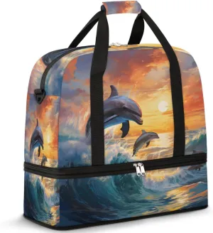 Travel Weekend Bag Ocean Waves Dolphins Sports Tote Gym Bags for Women Men, Aquatic Animal Shoulder Weekender Overnight Bag with Shoes