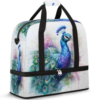 Travel Weekend Bag Peacock Sports Tote Gym Bags for Women Men, Watercolor Peacock Shoulder Weekender Overnight Bag with Shoes