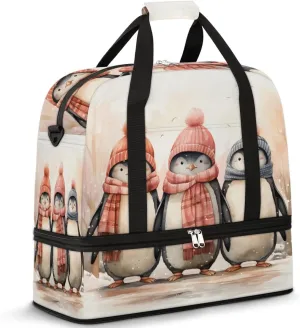 Travel Weekend Bag Penguin Sports Tote Gym Bags for Women Men, Cartoon Penguins Shoulder Weekender Overnight Bag with Shoes