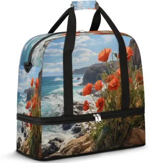 Travel Weekend Bag Red Flowers Sports Tote Gym Bags for Women Men, Atlantic Coast Shoulder Weekender Overnight Bag with Shoes