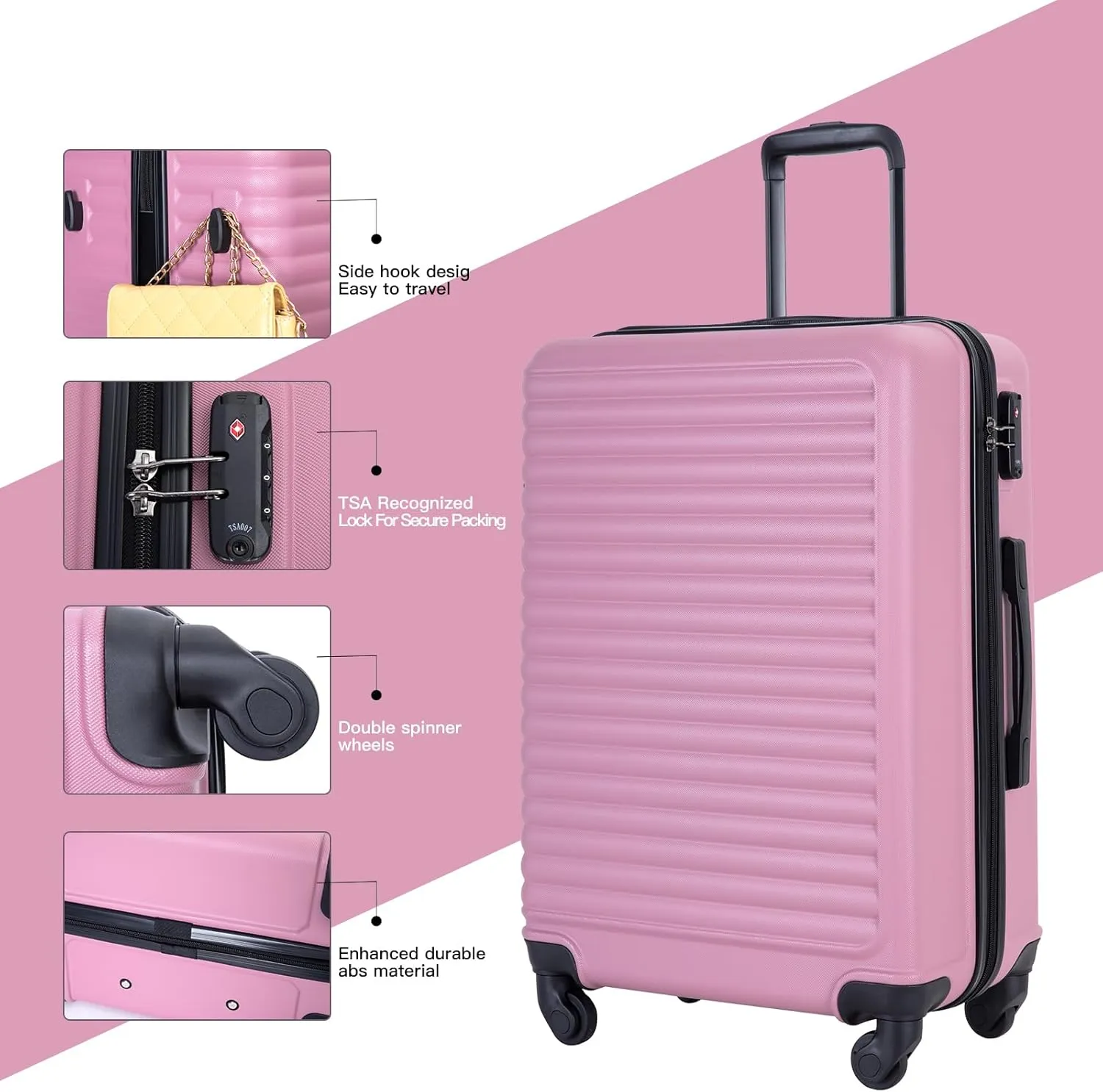 Travelhouse Luggage Sets, Expandable Hardside Suitcases 24in/28in, Carry on 20in,3 Piece Set Travel Luggages Clearance with Double Spinner Wheels TSA Lock Lightweight (2085-Pink)