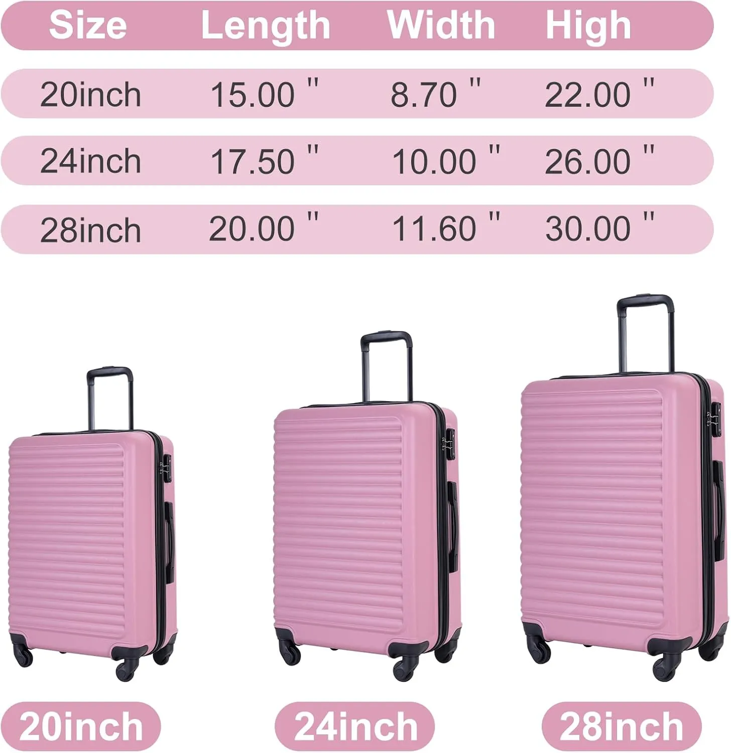 Travelhouse Luggage Sets, Expandable Hardside Suitcases 24in/28in, Carry on 20in,3 Piece Set Travel Luggages Clearance with Double Spinner Wheels TSA Lock Lightweight (2085-Pink)