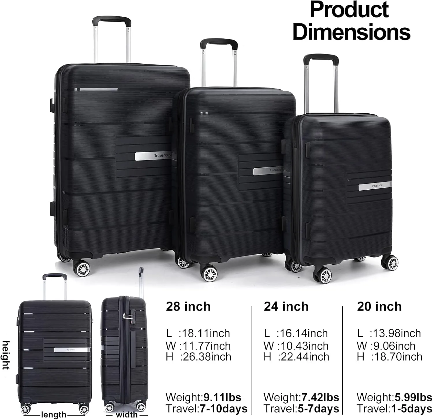 Travelhouse Luggage Sets, Expandable Hardside Suitcases 24in/28in, Carry on 20in,3 Piece Set Travel Luggages Clearance with Double Spinner Wheels TSA Lock Lightweight (Black-1206)