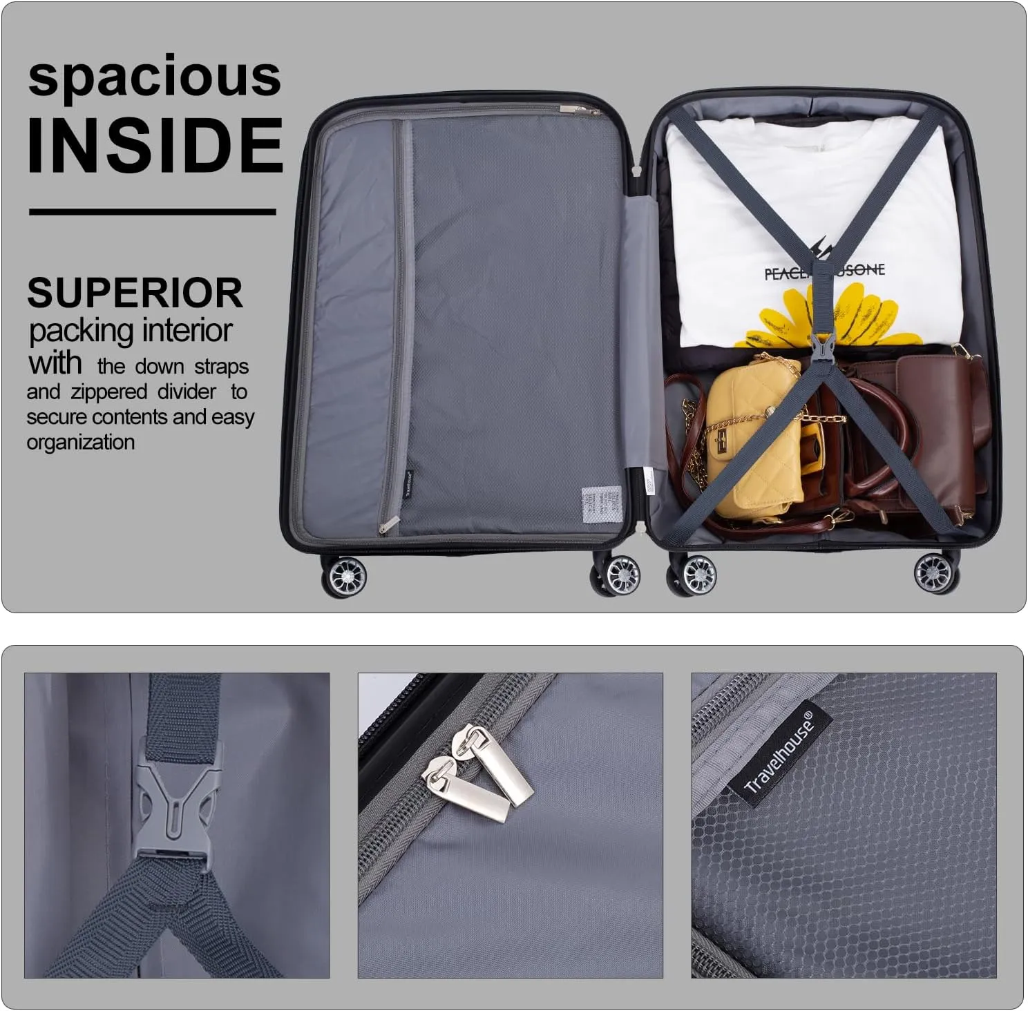 Travelhouse Luggage Sets, Expandable Hardside Suitcases 24in/28in, Carry on 20in,3 Piece Set Travel Luggages Clearance with Double Spinner Wheels TSA Lock Lightweight (Black-1206)