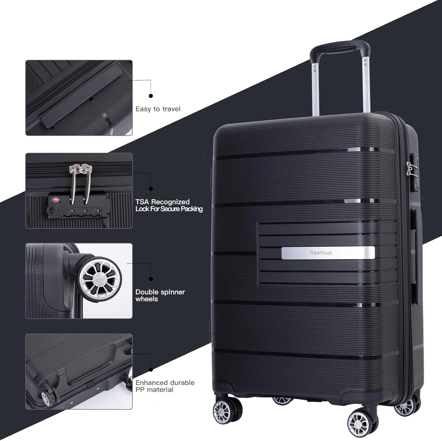 Travelhouse Luggage Sets, Expandable Hardside Suitcases 24in/28in, Carry on 20in,3 Piece Set Travel Luggages Clearance with Double Spinner Wheels TSA Lock Lightweight (Black-1206)