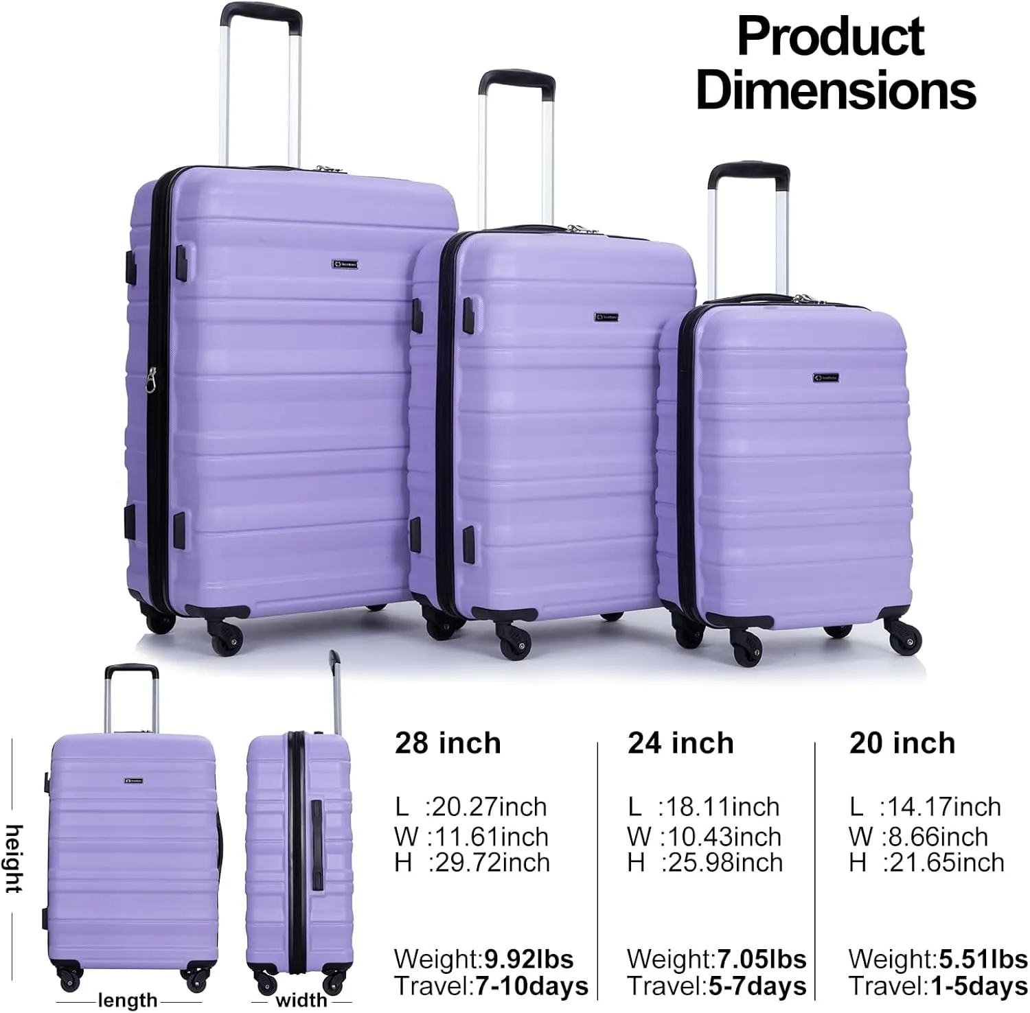 Travelhouse Luggage Sets, Expandable Hardside Suitcases 24in/28in, Carry on 20in,3 Piece Set Travel Luggages Clearance with Double Spinner Wheels TSA Lock Lightweight (Purple-66)