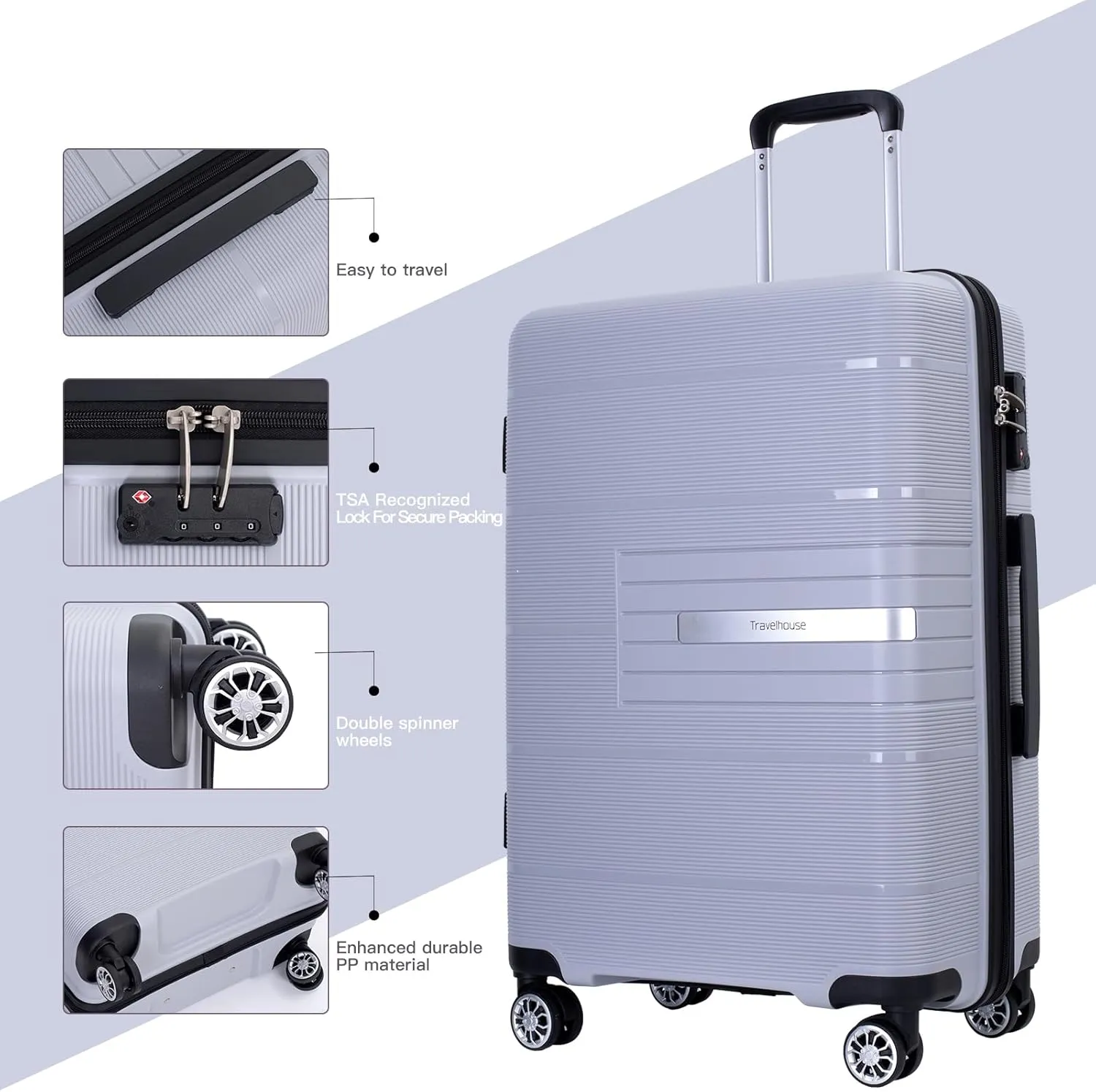 Travelhouse Luggage Sets, Expandable Hardside Suitcases 24in/28in, Carry on 20in,3 Piece Set Travel Luggages Clearance with Double Spinner Wheels TSA Lock Lightweight (Silver-1206)