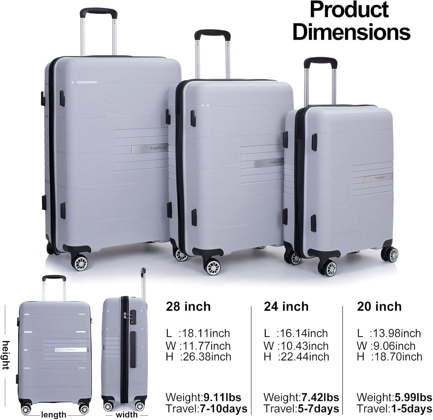 Travelhouse Luggage Sets, Expandable Hardside Suitcases 24in/28in, Carry on 20in,3 Piece Set Travel Luggages Clearance with Double Spinner Wheels TSA Lock Lightweight (Silver-1206)